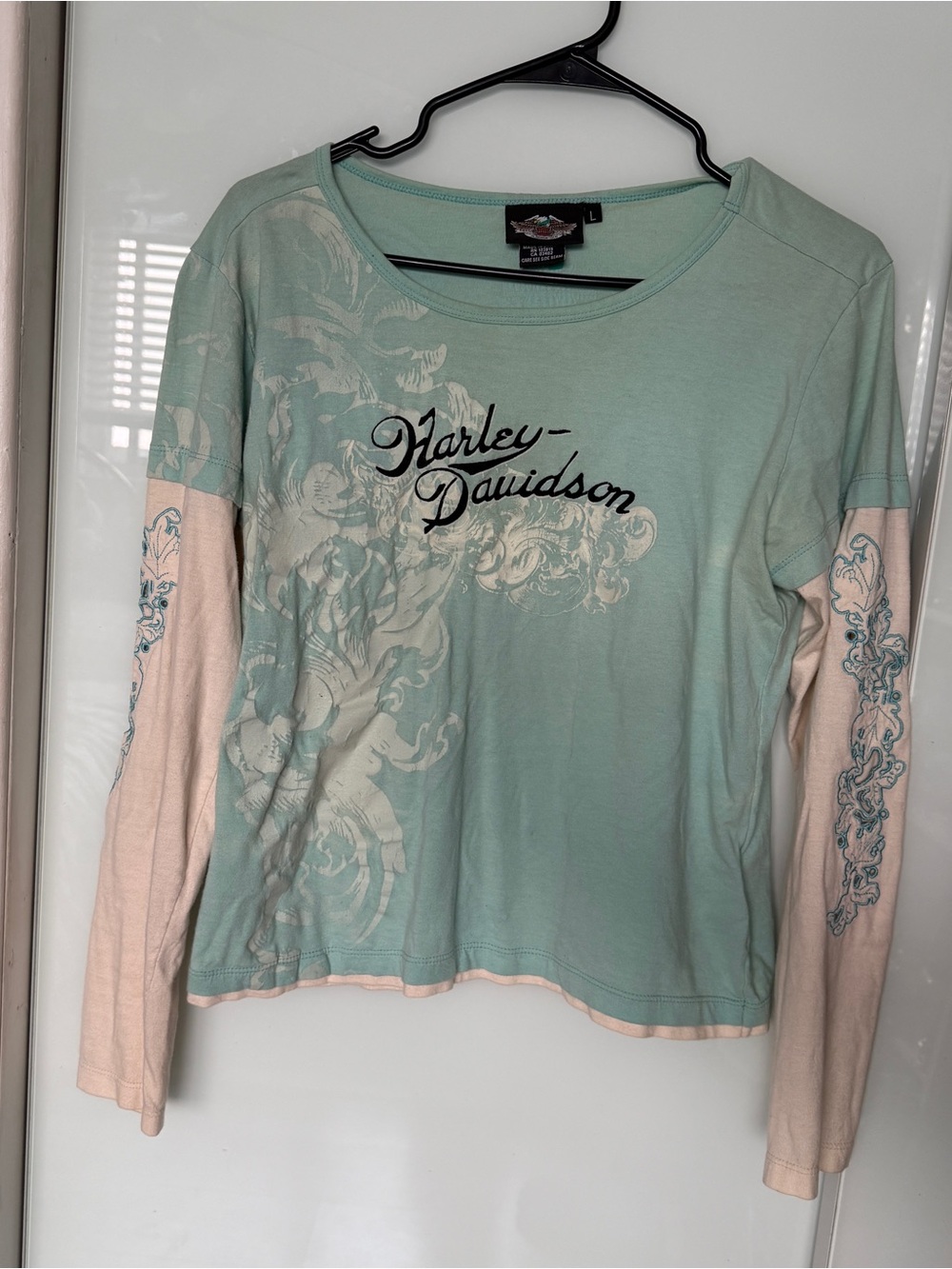 Harley-Davidson Mint Green and Peach Long Sleeve Graphic Tee